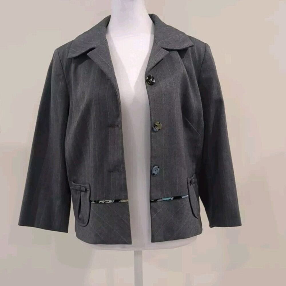 Sigrid Olsen Women’s 10 Gray Pin Stripe Preppy Blazer Jacket Whimsical Accents